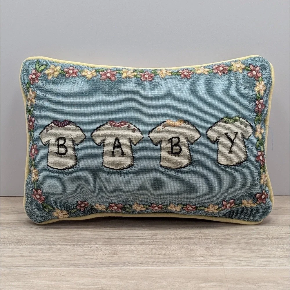 Vintage Tapestry Baby Throw Pillow BABY Design 12 in Floral Border Nursery